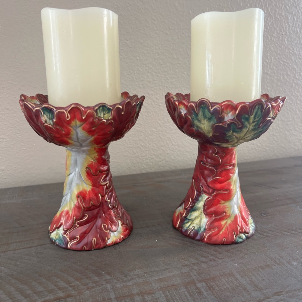 PartyLite Red and Green Leaf Candle Holders